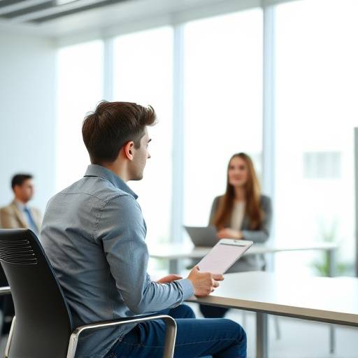Afbeelding van een cursist die de basis interviewtraining volgt in een moderne trainingsruimte.